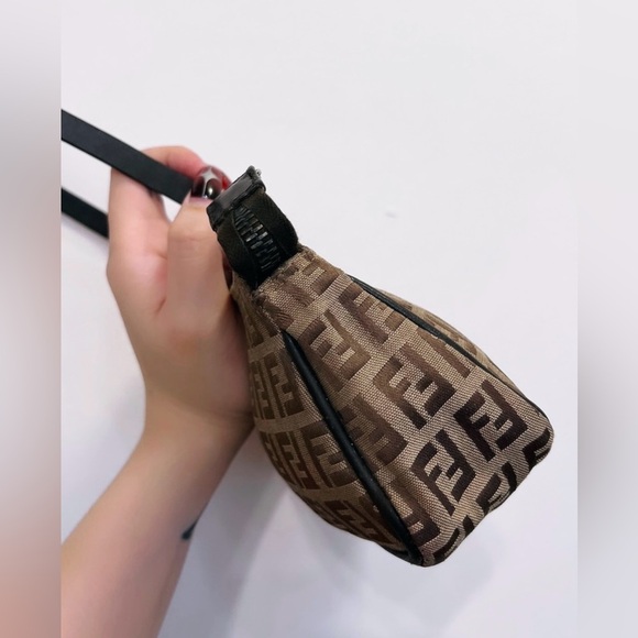 FENDI Hand Bag Tote FF Zucchino Pouch Purse Canvas Leather Brown Authentic - Picture 10 of 17